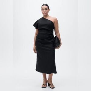Mango‎ One Shoulder Ruched Waist Linen Dress in Black